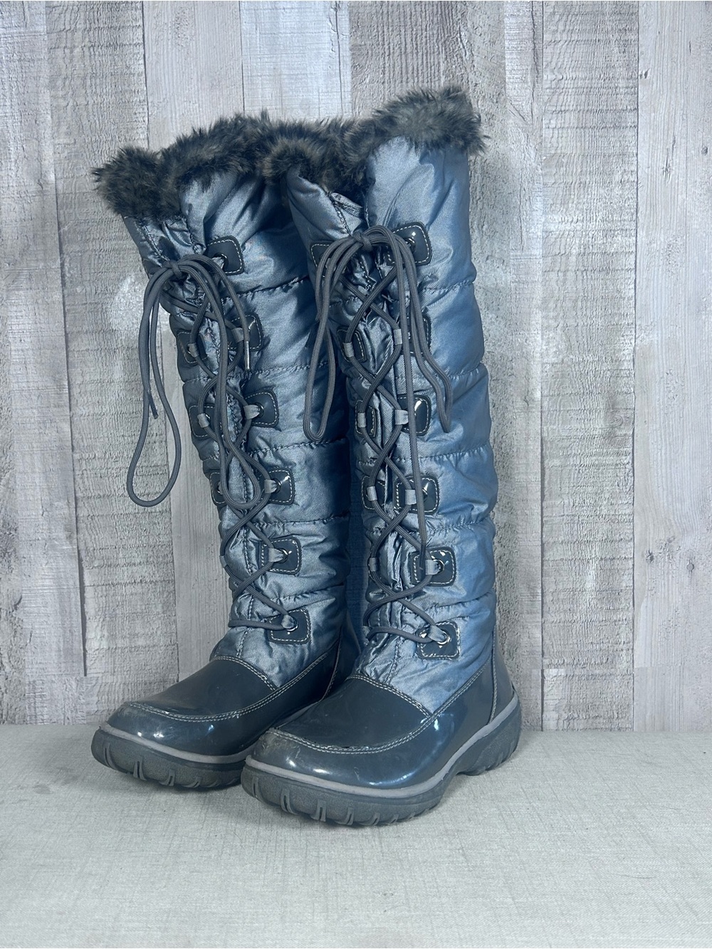 Cougar Bingo Star 2 Tall Puffer Winter Boots Faux Fur Lace Up Gray 7M NWOT